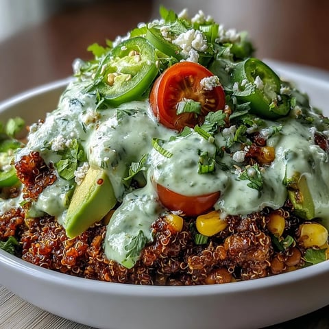 One-Pot Lentil Taco Meat Quinoa Bowls with Avocado Lime Crema in a vibrant, plant-based bowl topped with fresh tomatoes and herbs.  
