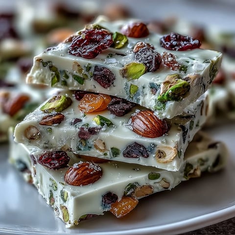 Silky white chocolate bark topped with crunchy pistachios and chewy dried cranberries for a festive holiday treat.