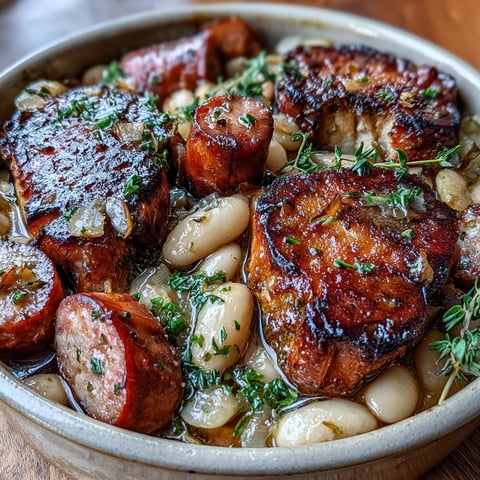 A rustic French cassoulet with tender white beans, smoky ham, and sausage, slow-cooked to hearty perfection.  