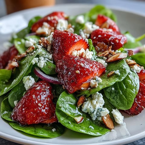 Vibrant Baby in Bloom Spinach Strawberry Salad with creamy feta and poppy seed dressing, perfect for spring brunches or light lunches.  