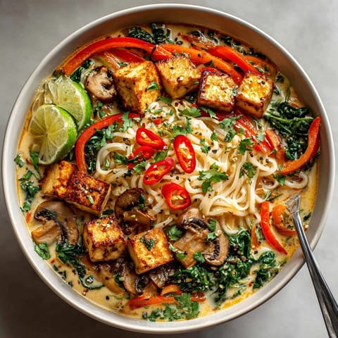 A close-up of the flavorful One-Pot Thai Coconut Curry Noodle Soup, garnished with fresh cilantro and lime.