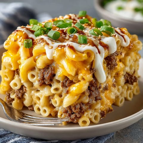 This photo shows a delicious bowl of Burger Mac and Cheese, complete with special sauce and toppings.