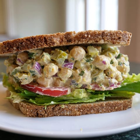 Close-up of a Smashed Chickpea Salad Sandwich: visible chickpea chunks, crisp celery flecks, and vibrant green lettuce.