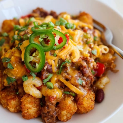Homemade Mac and Cheese Chili Cheese Tots, a delicious piled-high game day appetizer.