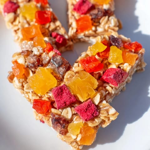 Colorful homemade gummies atop oat bars, perfect for snacking any time.  