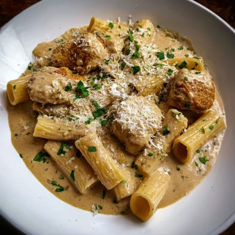 A delicious plate of Creamy Garlic Parmesan Chicken Rigatoni overflowing with savory flavor.  