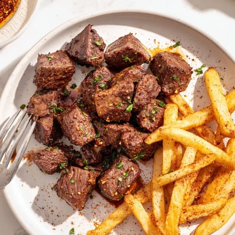 Sizzling Blackened Cajun Steak Bites garnished with parsley alongside crunchy fries.  