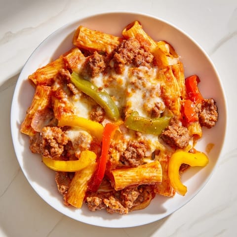Golden brown topping on a fresh Baked Rigatoni with Sausage & Peppers, ready to serve after baking.