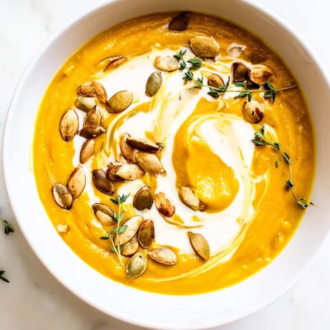 Golden-hued, smooth creamy roasted acorn squash soup, perfect for a cozy fall evening.