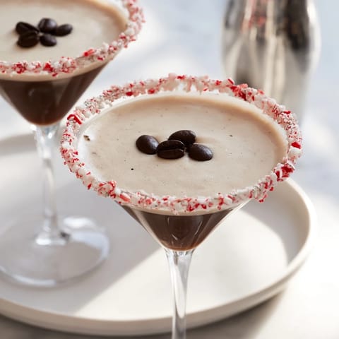 Chilled Peppermint Espresso Martini, with a crushed candy cane rim, ready for sipping.