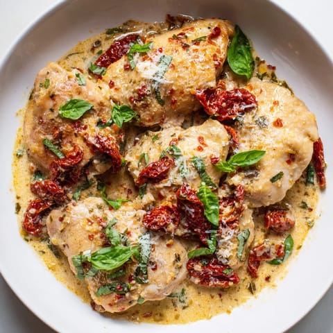 A close-up of delicious Marry Me Chicken Thighs, perfectly cooked with a fragrant, creamy sauce.
