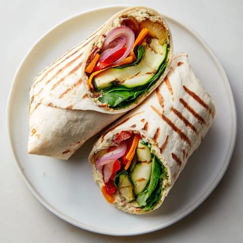 Close up revealing a Snowflake Hummus & Roasted Veggie Wrap: look at the vegetables and creamy hummus layers.