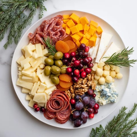 Festive Holiday Wreath Cheese Platter, brimming with colorful fruits, meats, and cheeses, ready for the holidays.