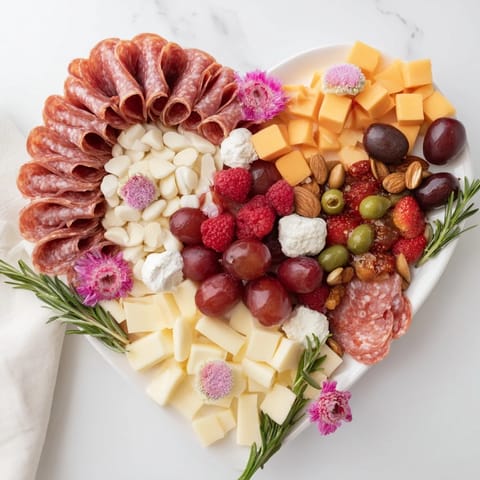 Heart-shaped charcuterie board with vibrant fruits and cheeses ready for a romantic appetizer.