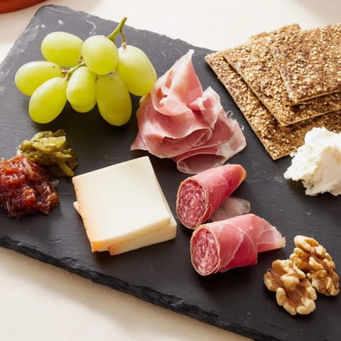 This charcuterie board for one features a vibrant array of meats, cheeses, and crunchy crackers.