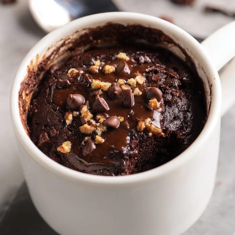 A single-serving, decadent Mug Brownie with melted chocolate chips, perfect for quick cravings.