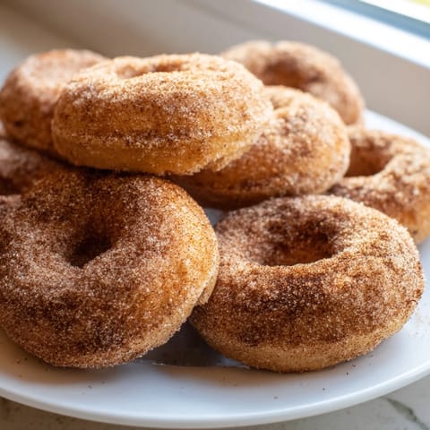 Warm, fluffy cinnamon-sugar baked donuts, dusted with sweet, fragrant topping, ready to eat.