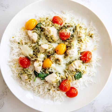 A bubbling, cheesy Chicken Pesto Rice Bake filled with juicy chicken, rice, and fresh tomatoes.