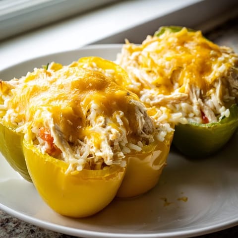 Savory Cheesy Chicken Stuffed Peppers, packed with seasoned chicken and rice, ready to bake and enjoy.
