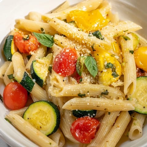 Hearty Garden Veggie Pasta with al dente penne tossed in a light, silky sauce, garnished with fresh basil and lemon zest.  