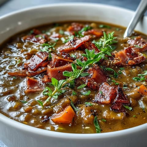 Thick and savory Split Pea and Ham Soup, with tender peas and tender ham chunks, steaming in a cozy rustic bowl.