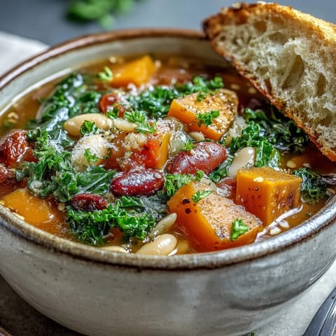 Steaming bowl of Winter Minestrone Soup filled with kale, butternut squash, and pasta in a rustic setting.