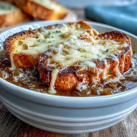 Deeply savory Dutch Oven French Onion Soup bubbling under bubbly cheese, with a rustic baguette topper.