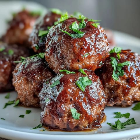 Golden-brown meatballs simmered in a sticky, sweet peach glaze inside a slow cooker, ready for serving.