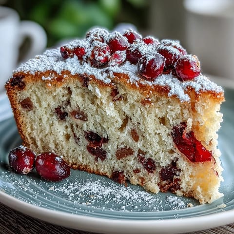 Freshly baked Cranberry Orange Breakfast Cake with a moist, tender crumb, speckled with vibrant orange zest and tart cranberry pieces, dusted with powdered sugar. 