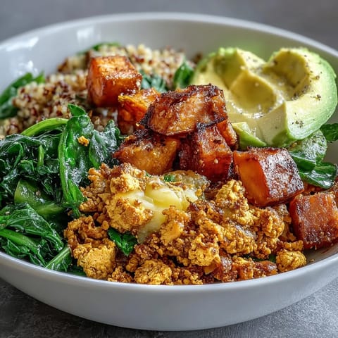 Colorful tofu scramble breakfast bowl with avocado slices, sautéed spinach, and roasted sweet potatoes, garnished with green onions.