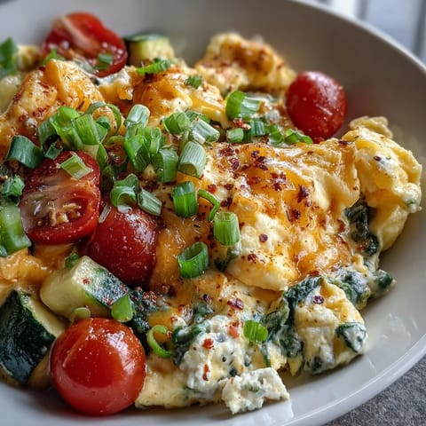 Fluffy cheesy Scrambled Egg and Veggie Bowl topped with fresh green onions and ripe cherry tomatoes.
