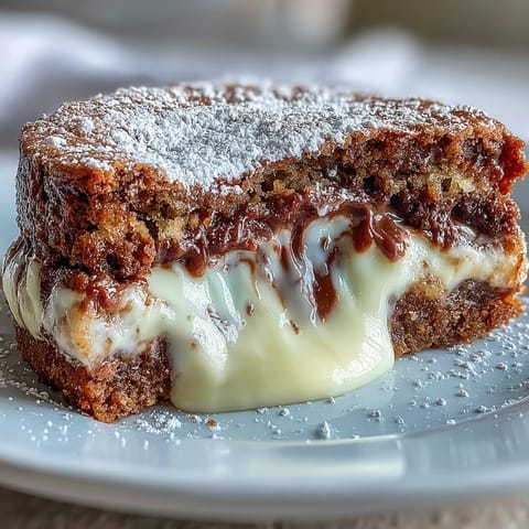 Freshly baked Hojicha Lava Cake with a rich, molten roasted tea ganache center flowing onto a white plate.