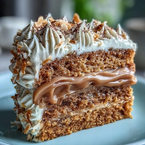 A freshly frosted Vegan Hojicha Latte Cake sits beside a steaming mug and scattered hojicha powder.