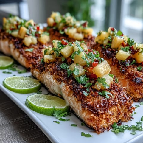 Golden Coconut Crusted Salmon topped with vibrant Pineapple Salsa and cilantro.