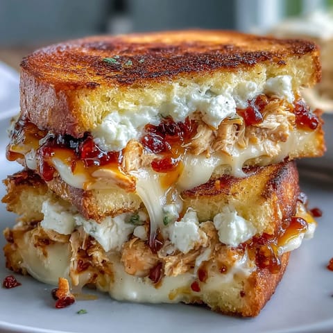 Golden-brown sourdough slices reveal melty goat cheese and shredded chicken drizzled with hot honey inside this Goat Cheese & Hot Honey Chicken Grilled Cheese.