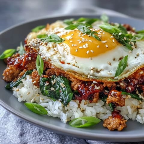 Creamy Korean Turkey Rice Skillet topped with jammy eggs and scallions, steaming in a rustic skillet.