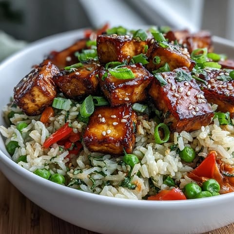A close-up of Crispy Sesame Tofu Fried Rice with fresh green onions and toasted sesame seeds sprinkled on top.