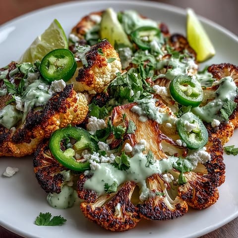 Drizzled Keto Chili Lime Cauliflower Steaks with avocado crema, lime wedges, and sliced jalapeños for a zesty kick.