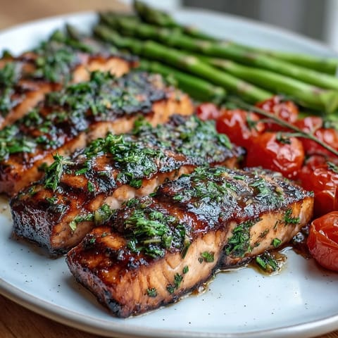 Freshly grilled lemon herb salmon fillets resting beside tender asparagus and blistered cherry tomatoes on a rustic platter.