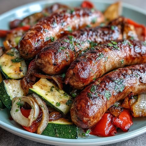 Juicy Italian sausages surrounded by vibrant roasted peppers, zucchini, and onions on a parchment-lined sheet pan, ready to serve.
