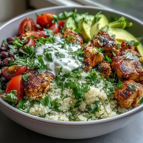 A vibrant 400-calorie burrito bowl with cilantro-lime cauliflower rice, tender chicken, and fresh toppings like avocado and cherry tomatoes. A healthy, low-calorie meal perfect for weight loss.
