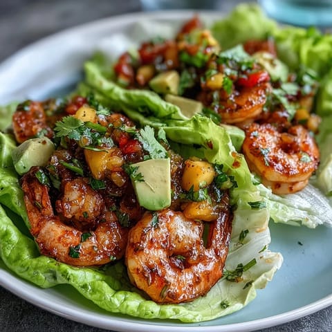 Fresh shrimp tacos with vibrant mango salsa served in crisp lettuce cups for a light, summery meal.