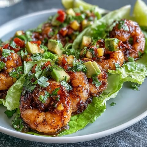 Zesty grilled shrimp and sweet mango salsa tucked into fresh lettuce leaves, perfect for a healthy taco night.