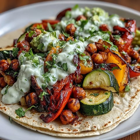 Colorful rainbow veggie and chickpea sheet pan fajitas topped with creamy guac yogurt drizzle, perfect for easy vegetarian dinners.