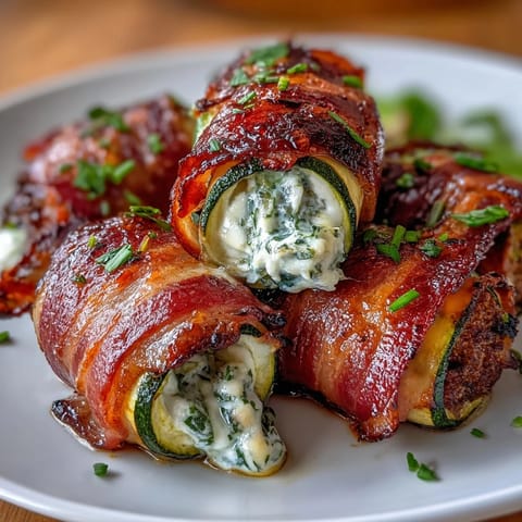 Savory zucchini halves stuffed with rich herbed cheese, wrapped in smoky bacon, and roasted to perfection for a keto-friendly dinner.  