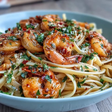 Aromatic garlic and chili-infused shrimp linguine, perfectly cooked and tossed with fresh parsley and lemon zest.  
