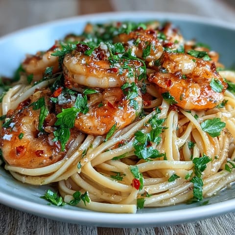 Spicy chili-garlic shrimp sizzled in olive oil, served over tender linguine with a bright lemon finish.  