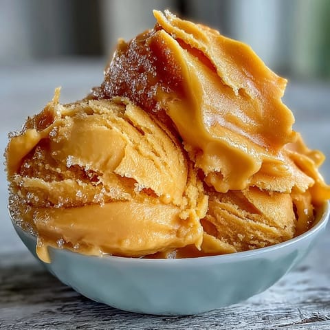 A refreshing bowl of mango sorbet with vibrant orange hue and silky smooth texture, garnished with fresh mint leaves.  