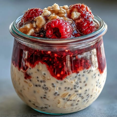 Vibrant raspberry chia seed overnight oats topped with crunchy almonds and juicy berries.
