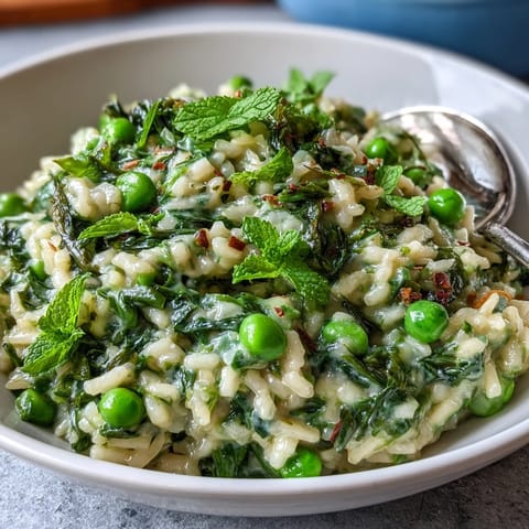 A creamy risotto dish with bright green spring peas, fresh mint, and Parmesan cheese, served in a shallow bowl.